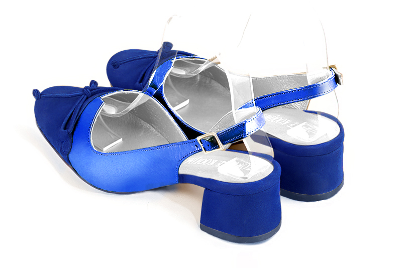 Women's electric blue elegant slingback heels, with a bow on the front. Round toe. Low flare heels - Rear view